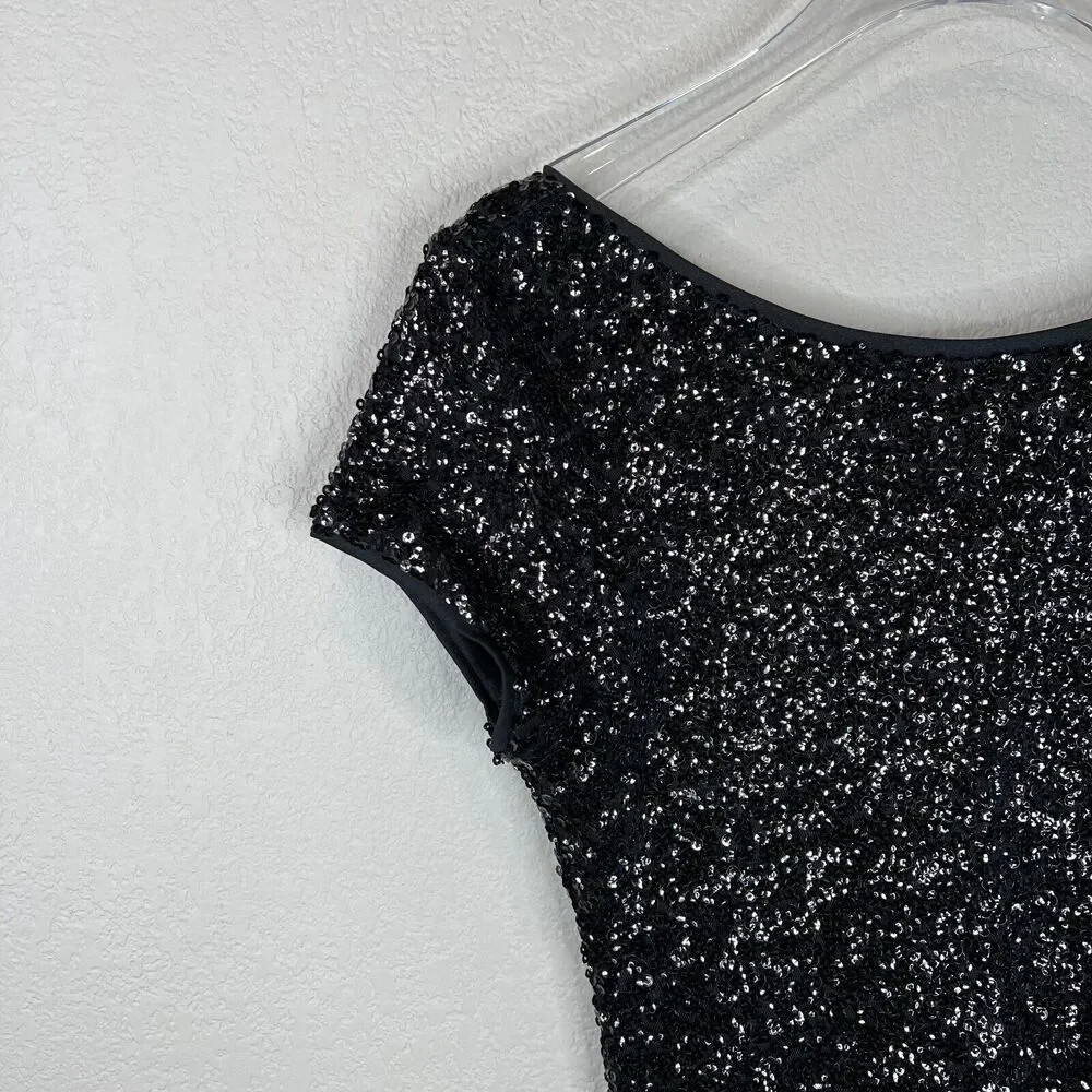 BLACK Mini Dress Small Black Sequined Short Sleeve Open Back Cocktail - Picture 2 of 12